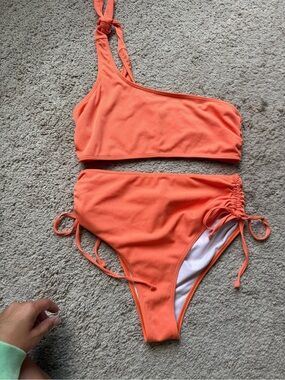 One-Shoulder Coral Ribbed Bikini Set